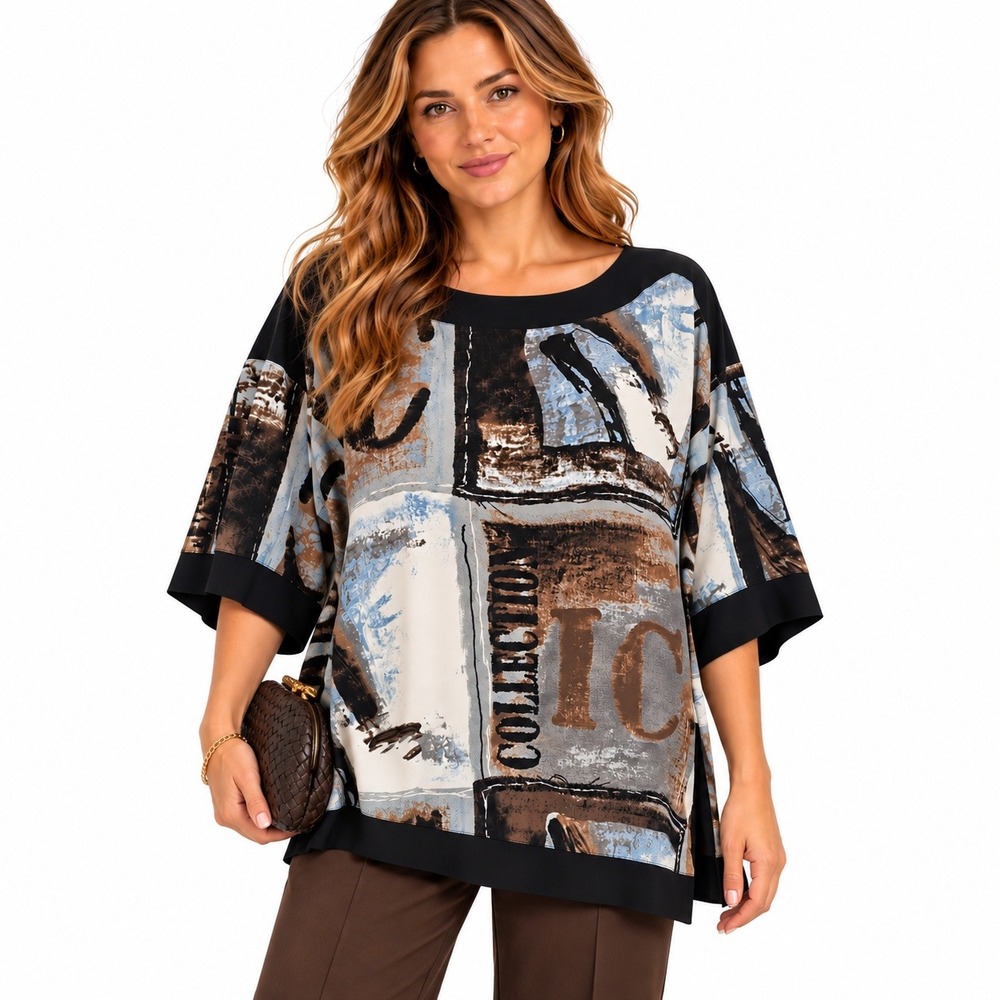 IC by Connie K Boat Neck Tunic Top XL Black Abstract Graphic Artistic Lagenlook